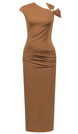 RUCHED SATIN MIDI DRESS IN BROWN