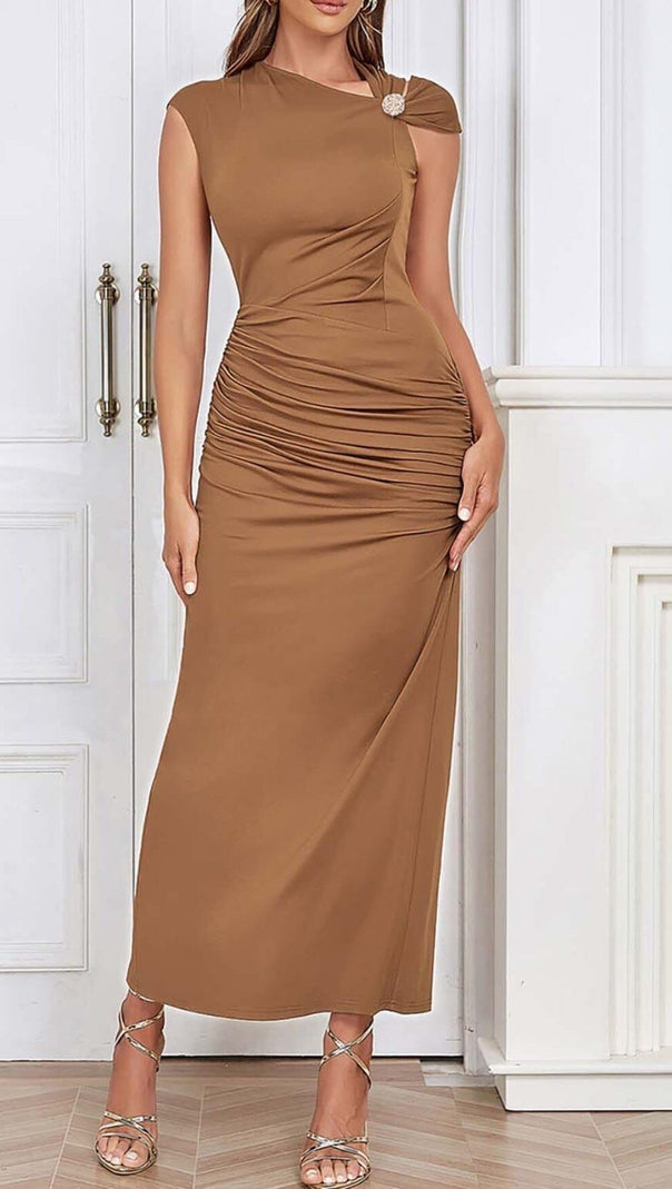 AIIZIE RUCHED SATIN MIDI DRESS IN BROWN - product image
