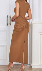 RUCHED SATIN MIDI DRESS IN BROWN