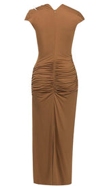 RUCHED SATIN MIDI DRESS IN BROWN