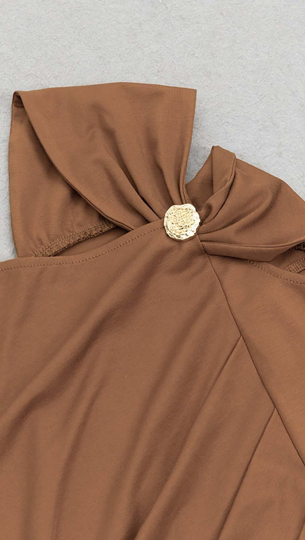 AIIZIE RUCHED SATIN MIDI DRESS IN BROWN - product image