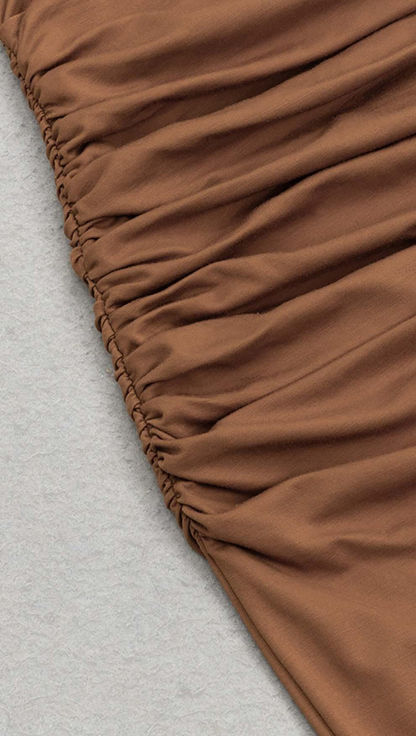 AIIZIE RUCHED SATIN MIDI DRESS IN BROWN - product image