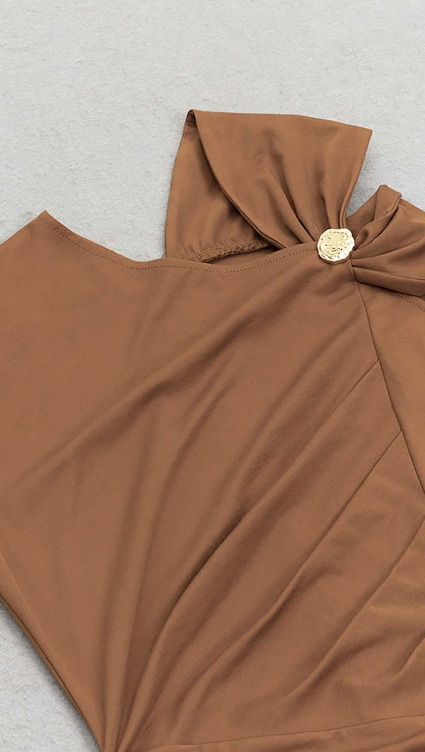 AIIZIE RUCHED SATIN MIDI DRESS IN BROWN - product image