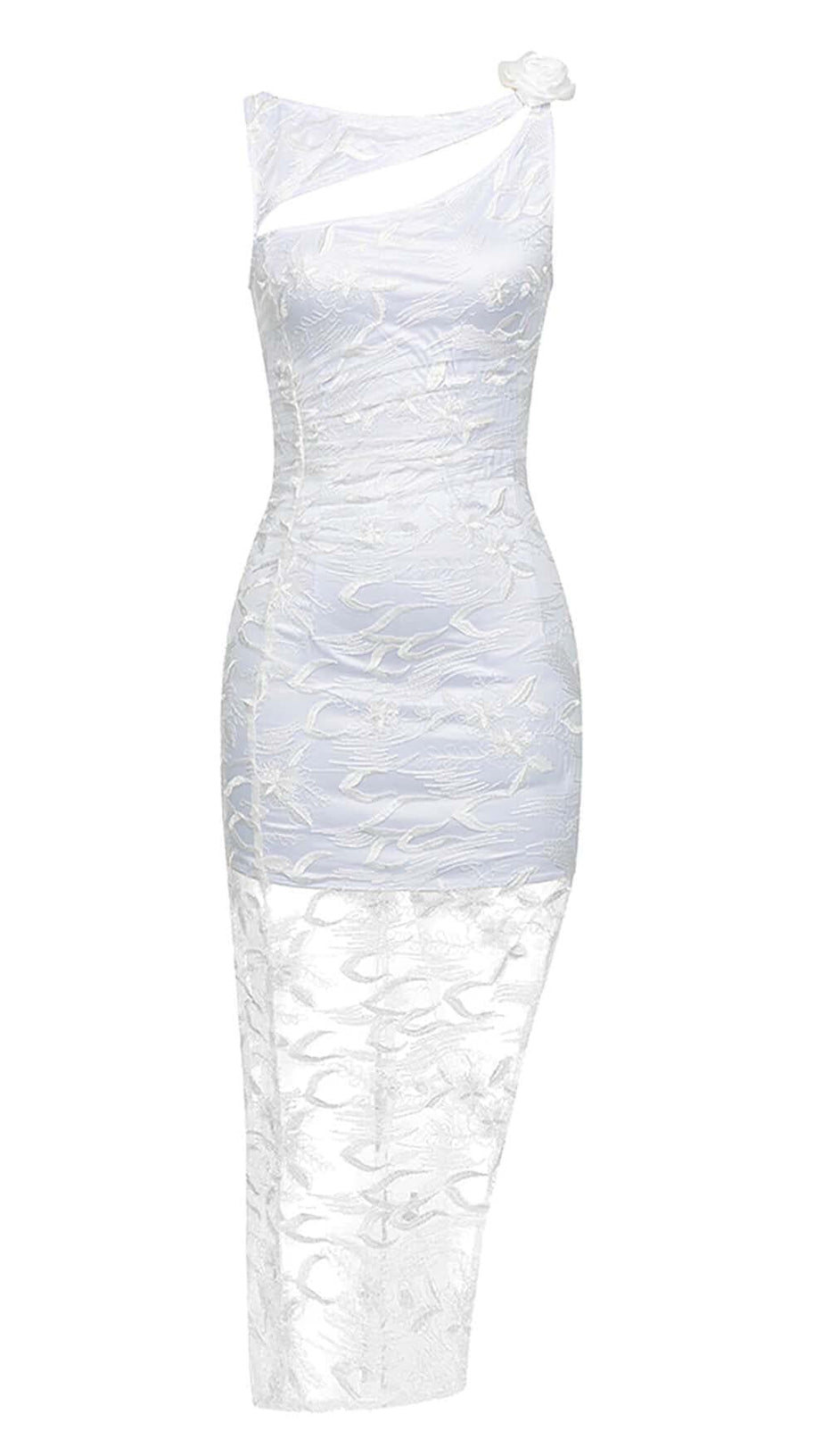 MIDIKLEID AUS SPITZE MIT ROSENVERZIERUNG IN WEISS