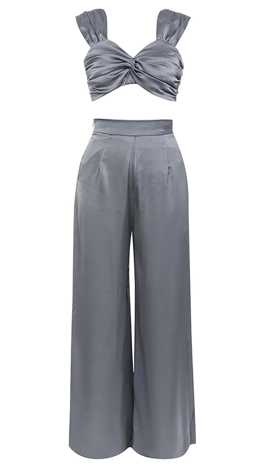 Zweiteiliger Anzug aus Satin mit tiefem Ausschnitt in Grau