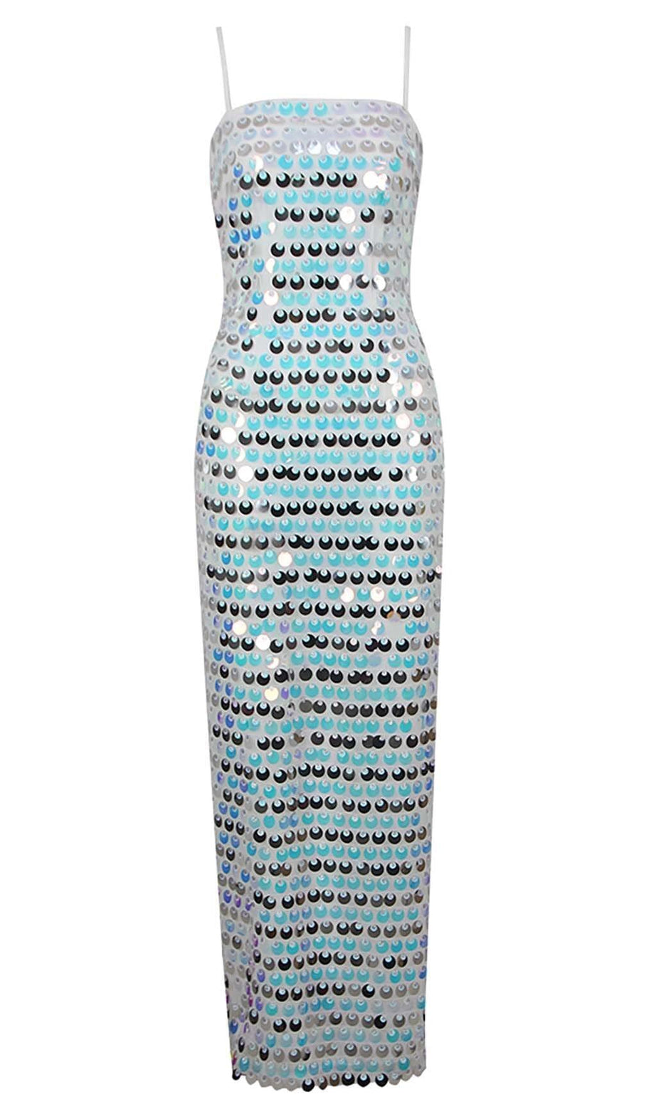 SEQUIN-EMBELLISHED SLEEVELESS MIDI DRESS IN BLUE