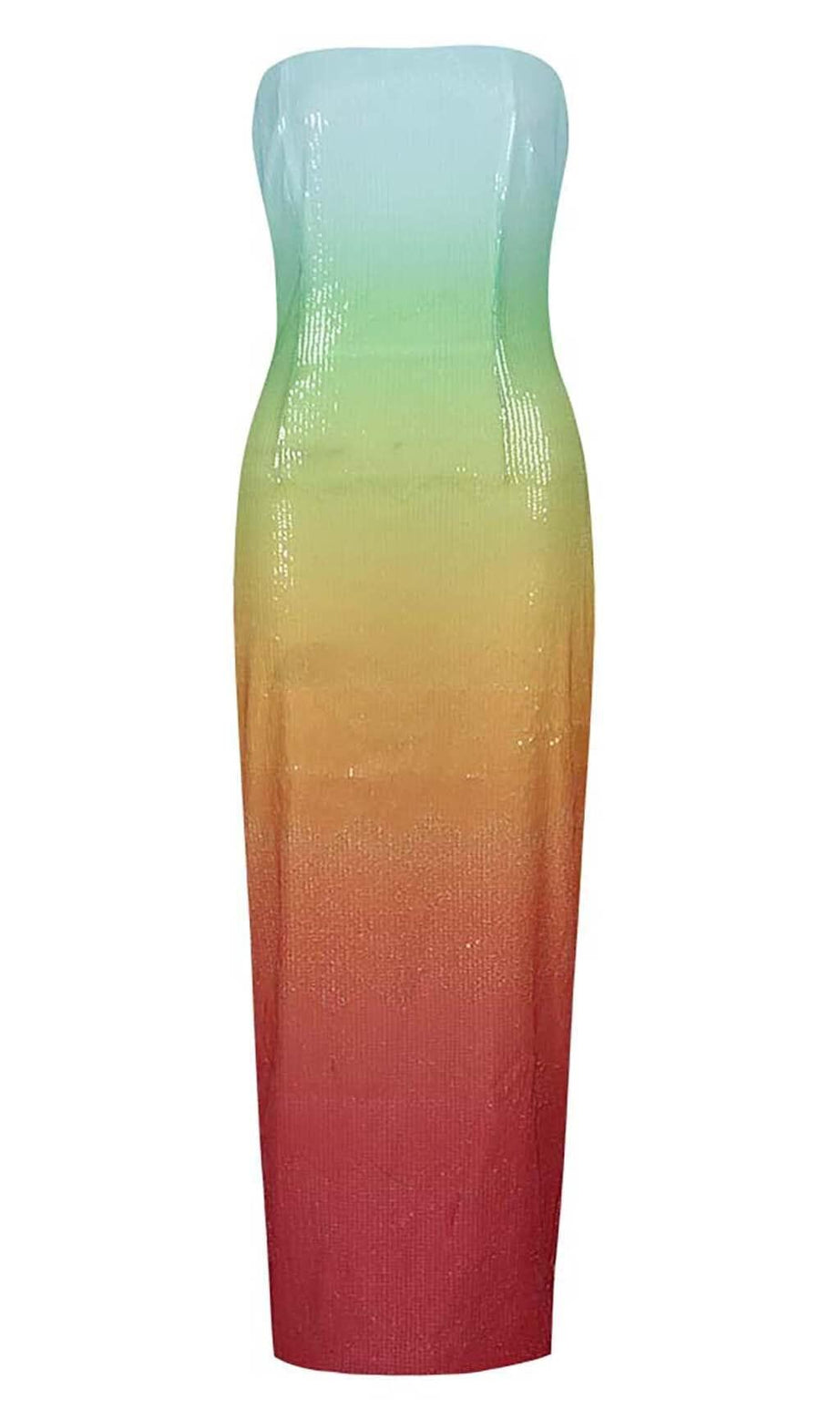 ABITO LUNGO SENZA SPALLINE CON PAILLETTES OMBRE MULTICOLORE