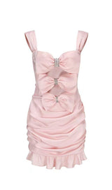 PINK BOW CUT OUT RUCHED MINI DRESS