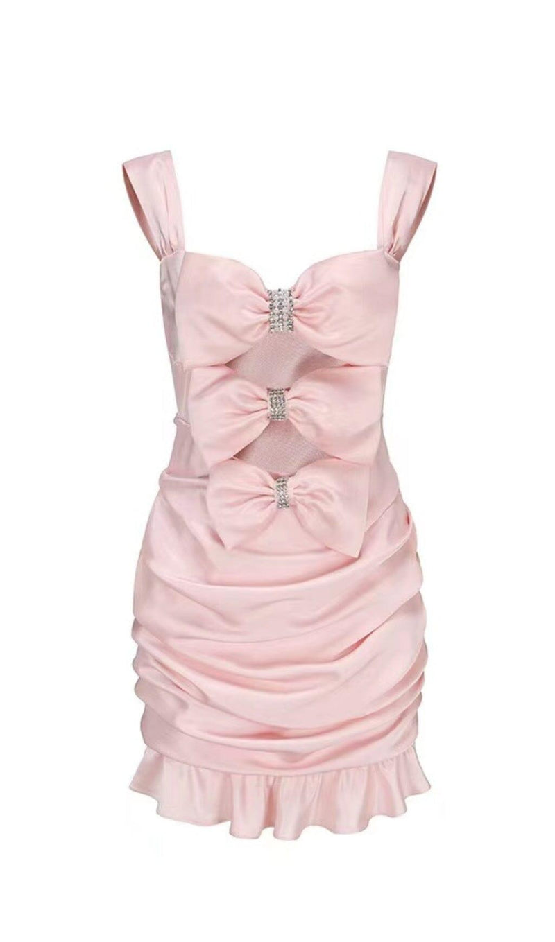 PINK BOW CUT OUT RUCHED MINI DRESS