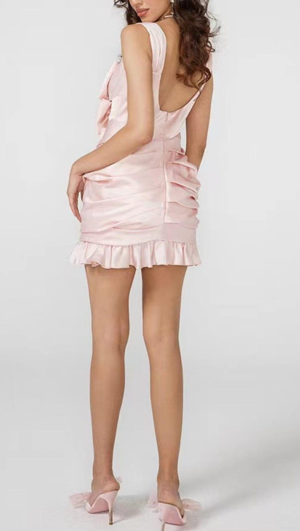 AIIZIE PINK BOW CUT OUT RUCHED MINI DRESS - product image