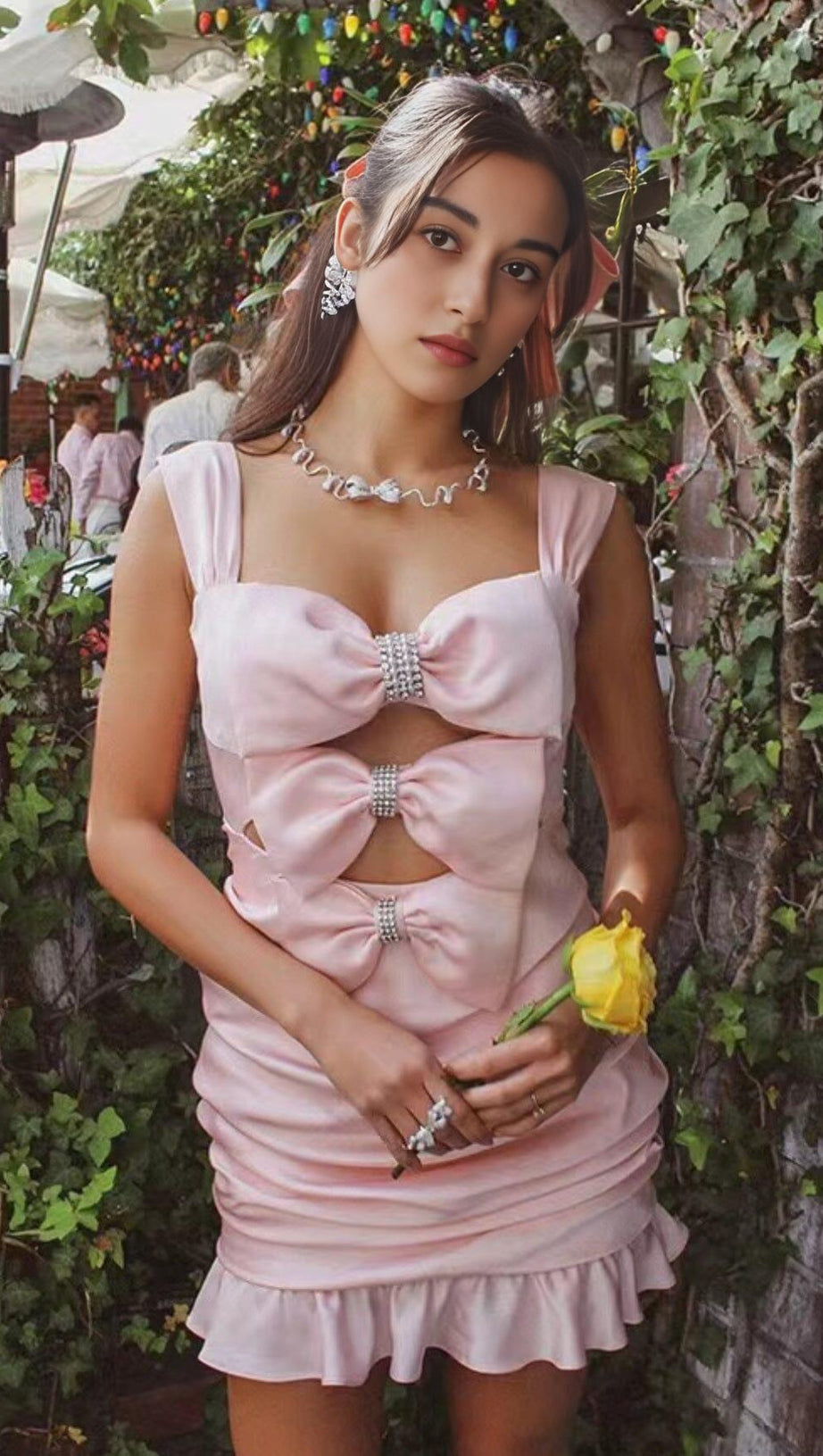 PINK BOW CUT OUT RUCHED MINI DRESS