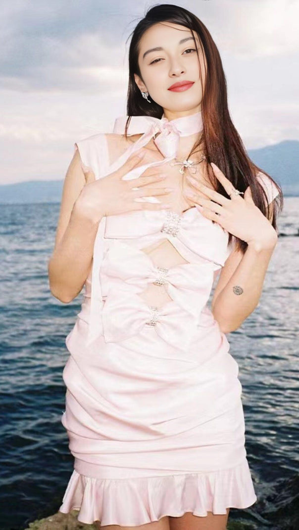 AIIZIE PINK BOW CUT OUT RUCHED MINI DRESS - product image