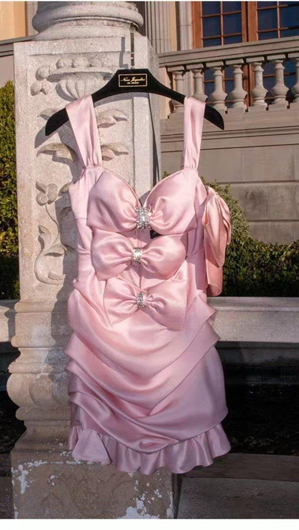 MINI ABITO ROSA CON FIOCCO E RUCHES