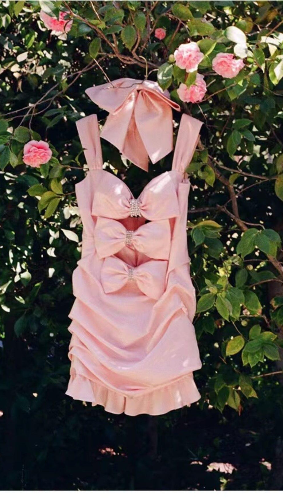 PINK BOW CUT OUT RUCHED MINI DRESS