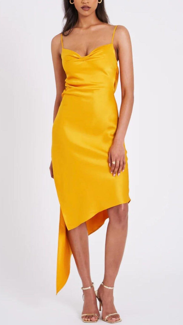 AIIZIE ORANGE SATIN DRAPING MIDI DRESS - product image