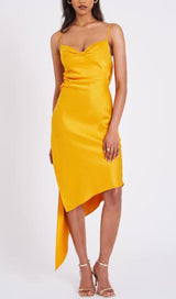 ORANGE SATIN DRAPING MIDI DRESS