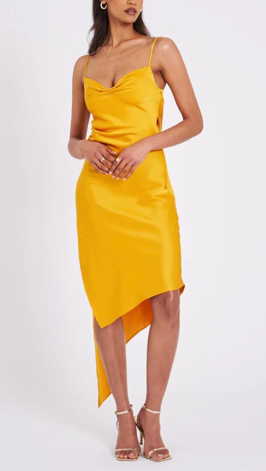 ORANGE SATIN DRAPING MIDI DRESS