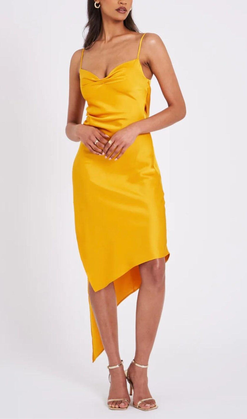 ORANGE SATIN DRAPING MIDI DRESS