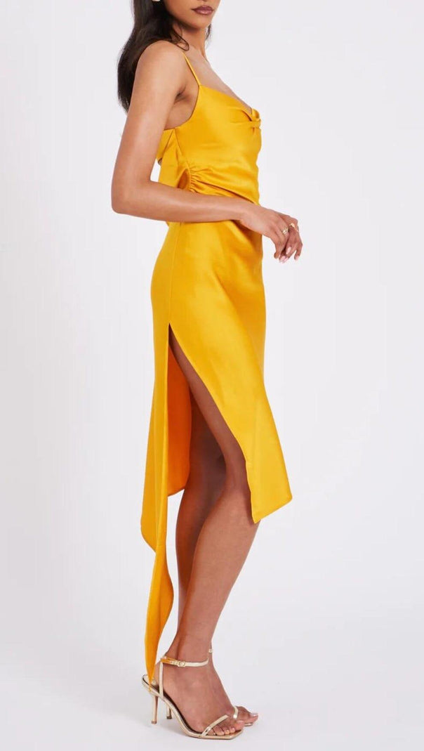 AIIZIE ORANGE SATIN DRAPING MIDI DRESS - product image
