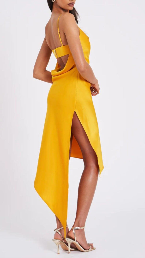 AIIZIE ORANGE SATIN DRAPING MIDI DRESS - product image