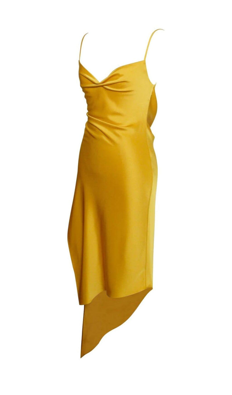 ORANGE SATIN DRAPING MIDI DRESS