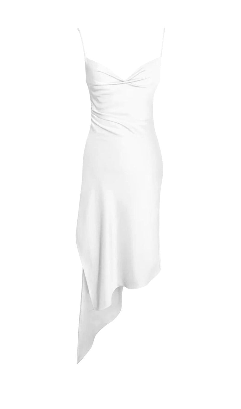 WHITE SATIN DRAPING MIDI DRESS