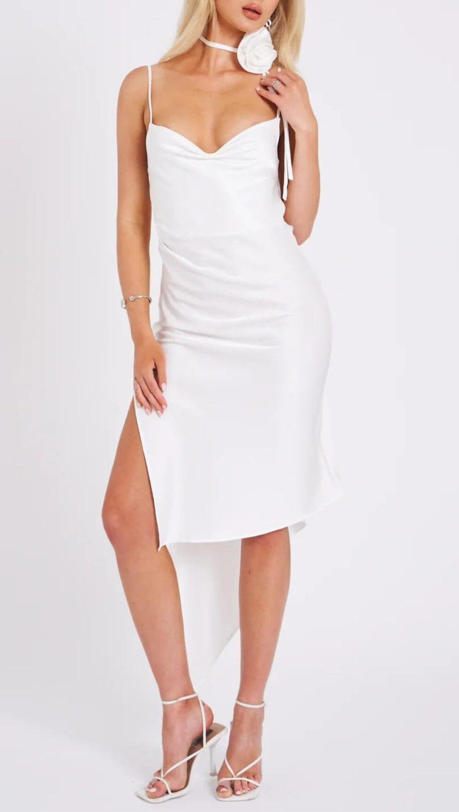 WHITE SATIN DRAPING MIDI DRESS