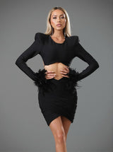 Fauna Long Sleeve Feather Mesh Bandage Set In Black