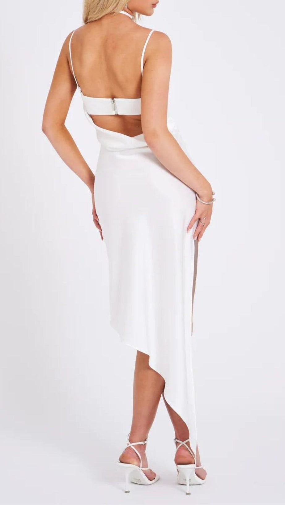 WHITE SATIN DRAPING MIDI DRESS