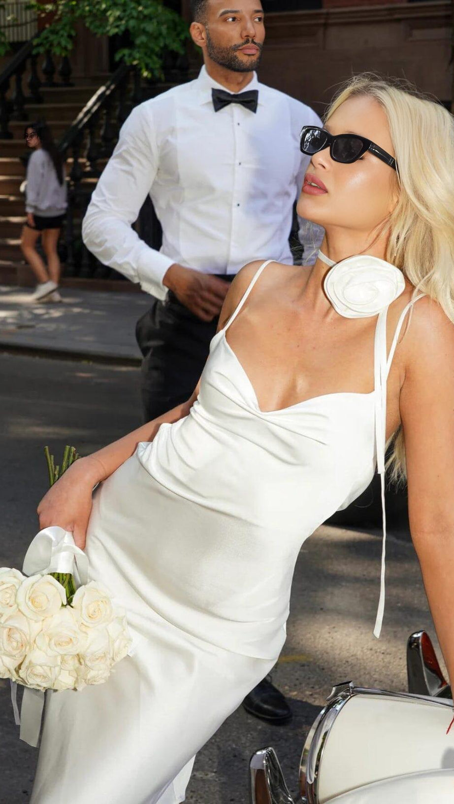 WHITE SATIN DRAPING MIDI DRESS