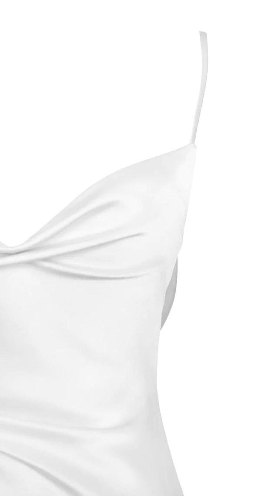 WHITE SATIN DRAPING MIDI DRESS