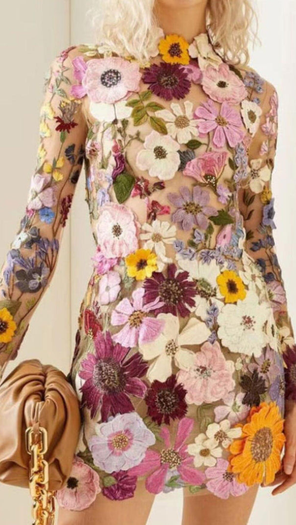 AIIZIE EMBROIDERED LACE HALF HIGH COLLAR MINI DRESS - product image