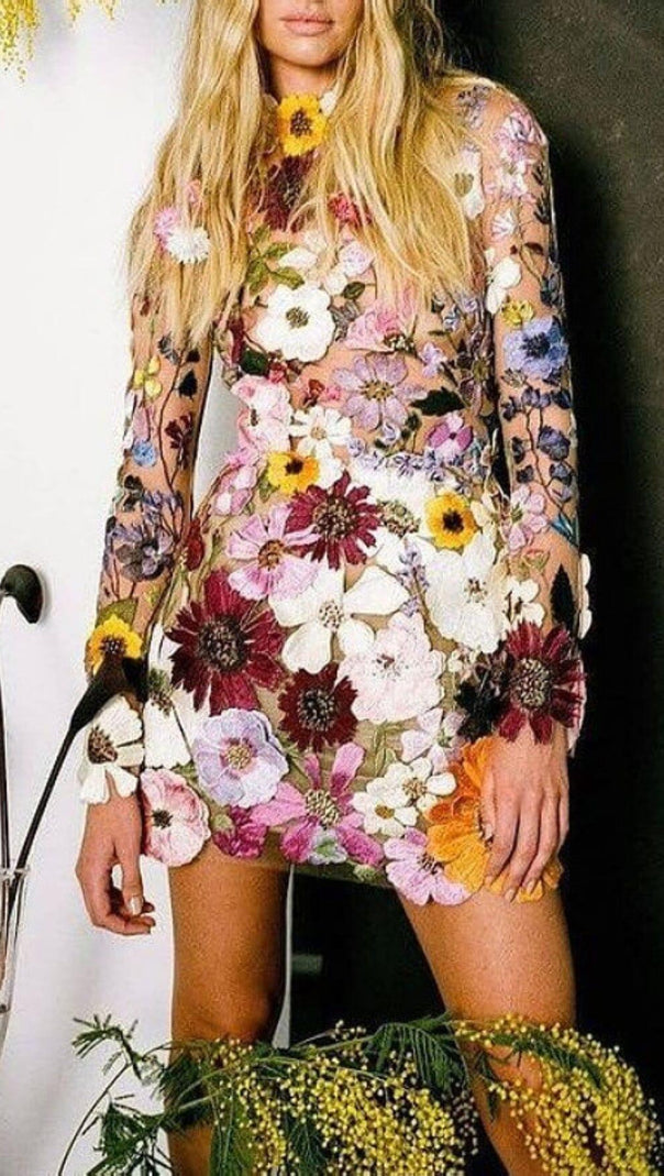 AIIZIE EMBROIDERED LACE HALF HIGH COLLAR MINI DRESS - product image