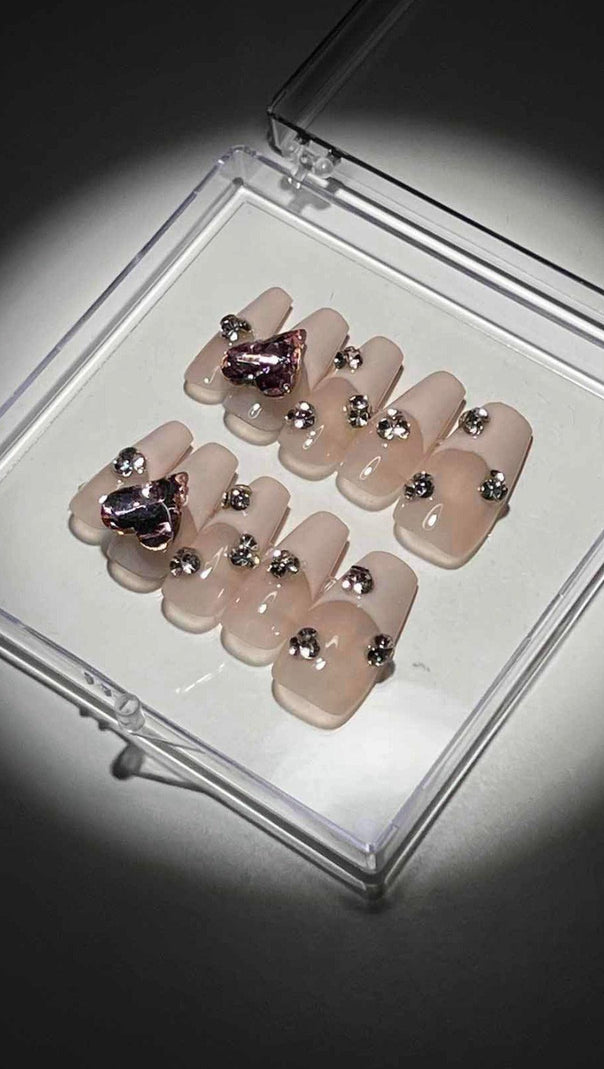 AIIZIE HEART CRYSTAL PINK FRENCH PRESS ON NAILS - product image