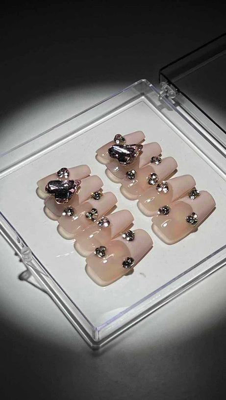 HEART CRYSTAL PINK FRENCH PRESS ON NAILS