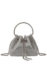 CRYSTAL EMBELLISHED BUCKET BAG IN SILVER