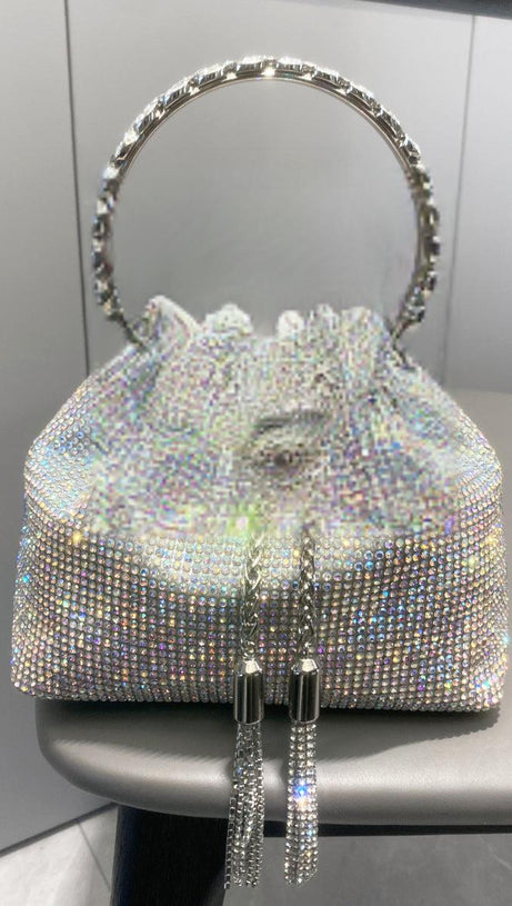 CRYSTAL EMBELLISHED BUCKET BAG IN SILVER
