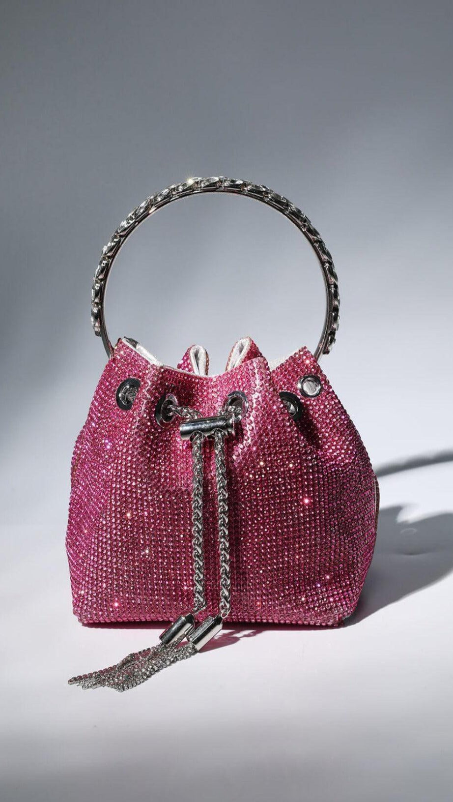 CRYSTAL EMBELLISHED BUCKET BAG IN HOT PINK