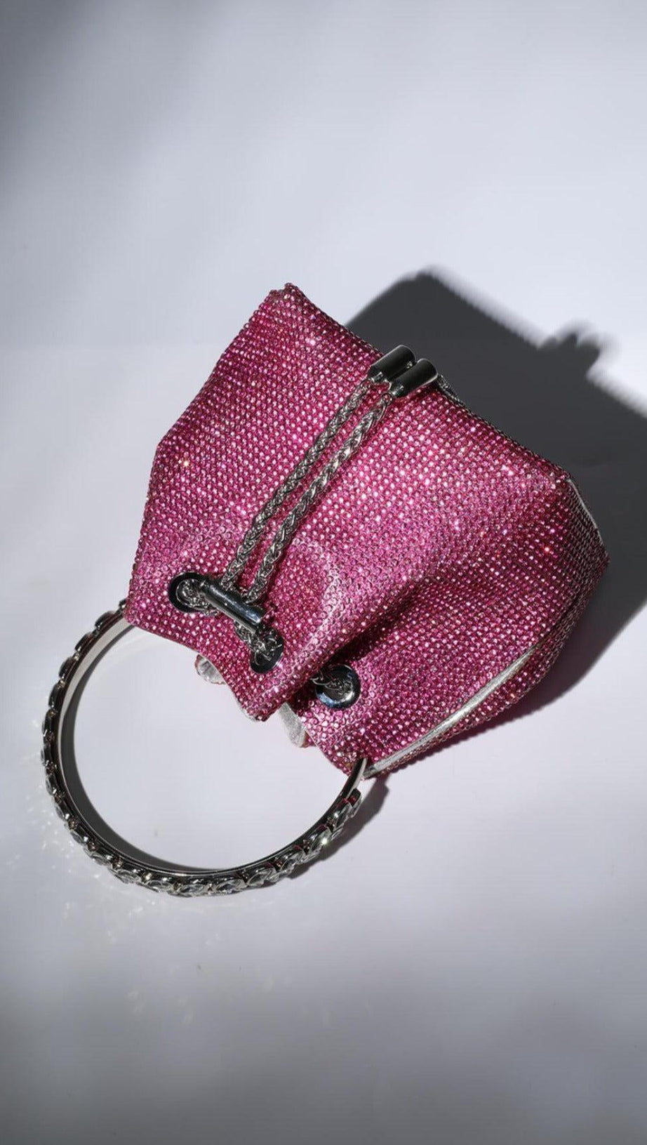 CRYSTAL EMBELLISHED BUCKET BAG IN HOT PINK