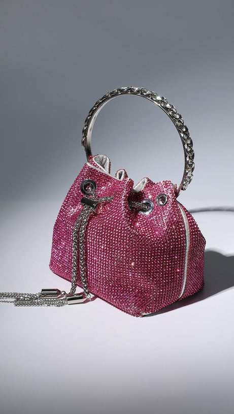 CRYSTAL EMBELLISHED BUCKET BAG IN HOT PINK