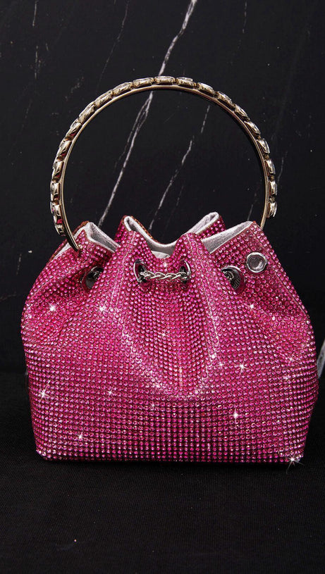 CRYSTAL EMBELLISHED BUCKET BAG IN HOT PINK