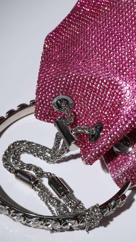CRYSTAL EMBELLISHED BUCKET BAG IN HOT PINK