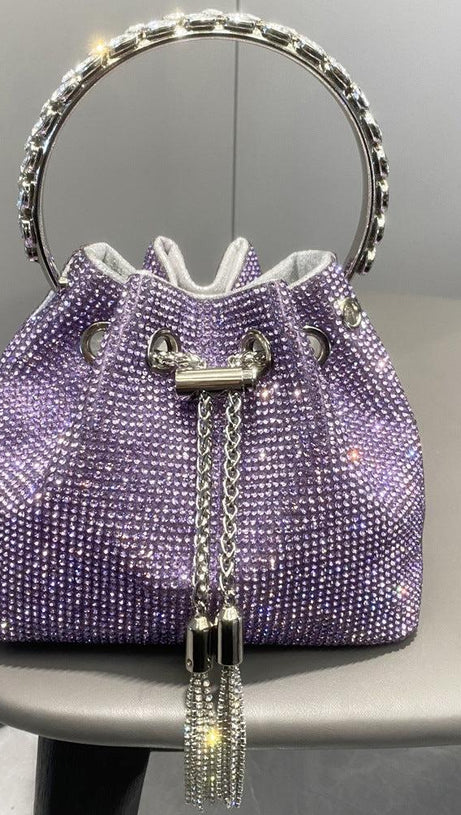 CRYSTAL EMBELLISHED BUCKET BAG IN PURPLE