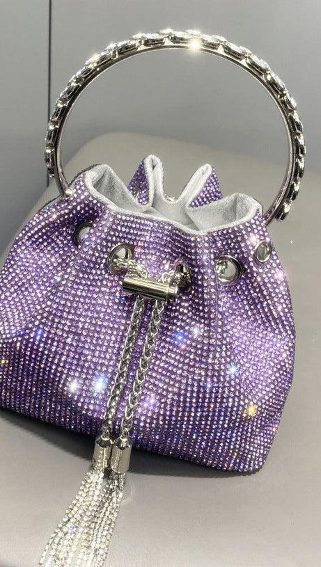 CRYSTAL EMBELLISHED BUCKET BAG IN PURPLE
