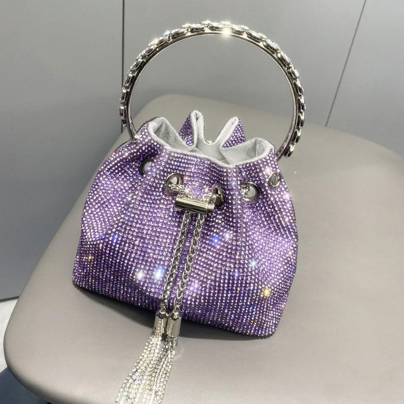 CRYSTAL EMBELLISHED BUCKET BAG IN PURPLE