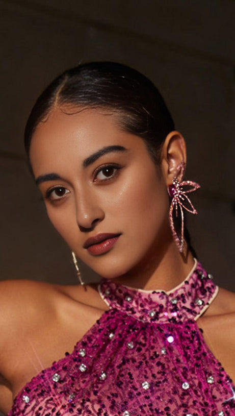 CRYSTAL FLOWER EARRINGS IN PINK