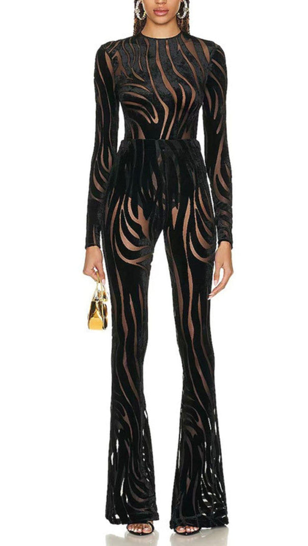 Zebra Print Sheer Carved Velvet Jumpsuit Set