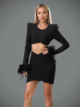 Fauna Long Sleeve Feather Mesh Bandage Set In Black