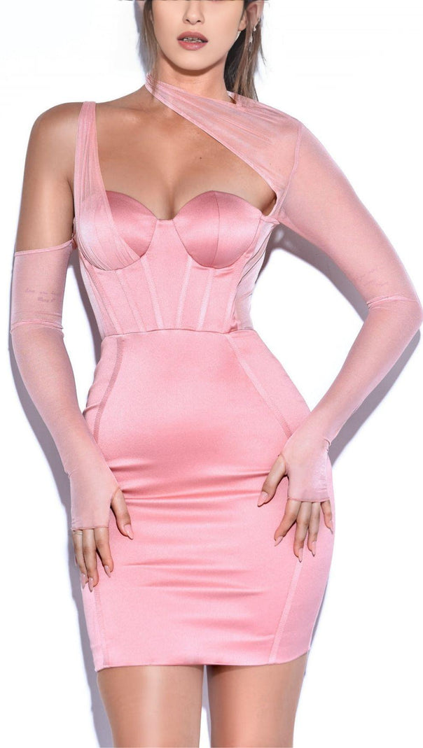 AIIZIE MESH SLEEVE SATIN CIRSET MINI DRESS IN BLUSH - product image