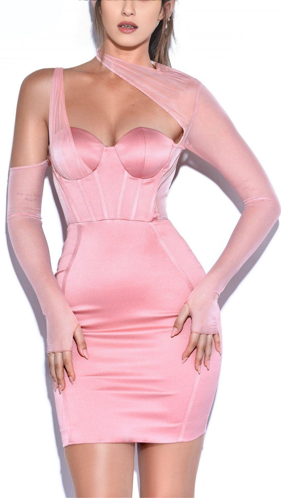 MESH SLEEVE SATIN CIRSET MINI DRESS IN BLUSH
